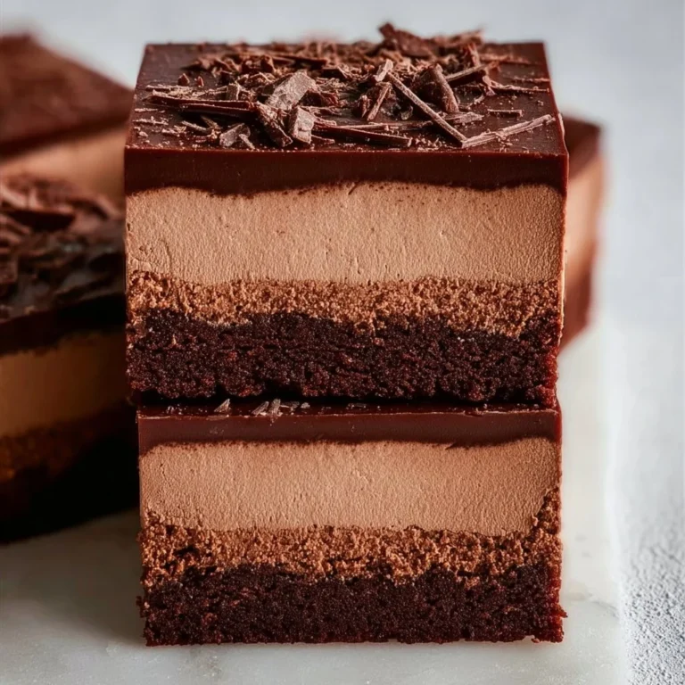Delicious chocolate mousse brownies topped with chocolate ganache.
