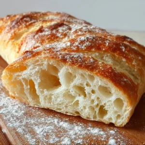 Freshly baked ciabatta bread on a wooden cutting board