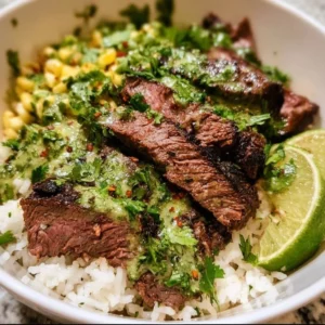 Delicious cilantro lime steak served over a bed of rice with vibrant vegetables.