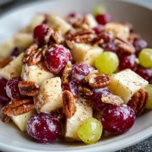 Bowl of delicious Cinnamon Apple Grape Salad garnished with cinnamon.