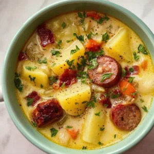 Bowl of classic German Potato Soup with Sausage garnished with fresh herbs