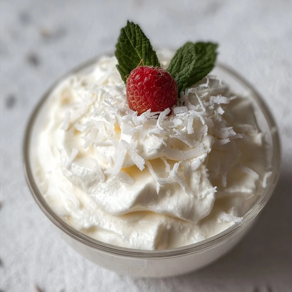 Delicious Coconut Cottage Cheese Mousse topped with coconut flakes and berries