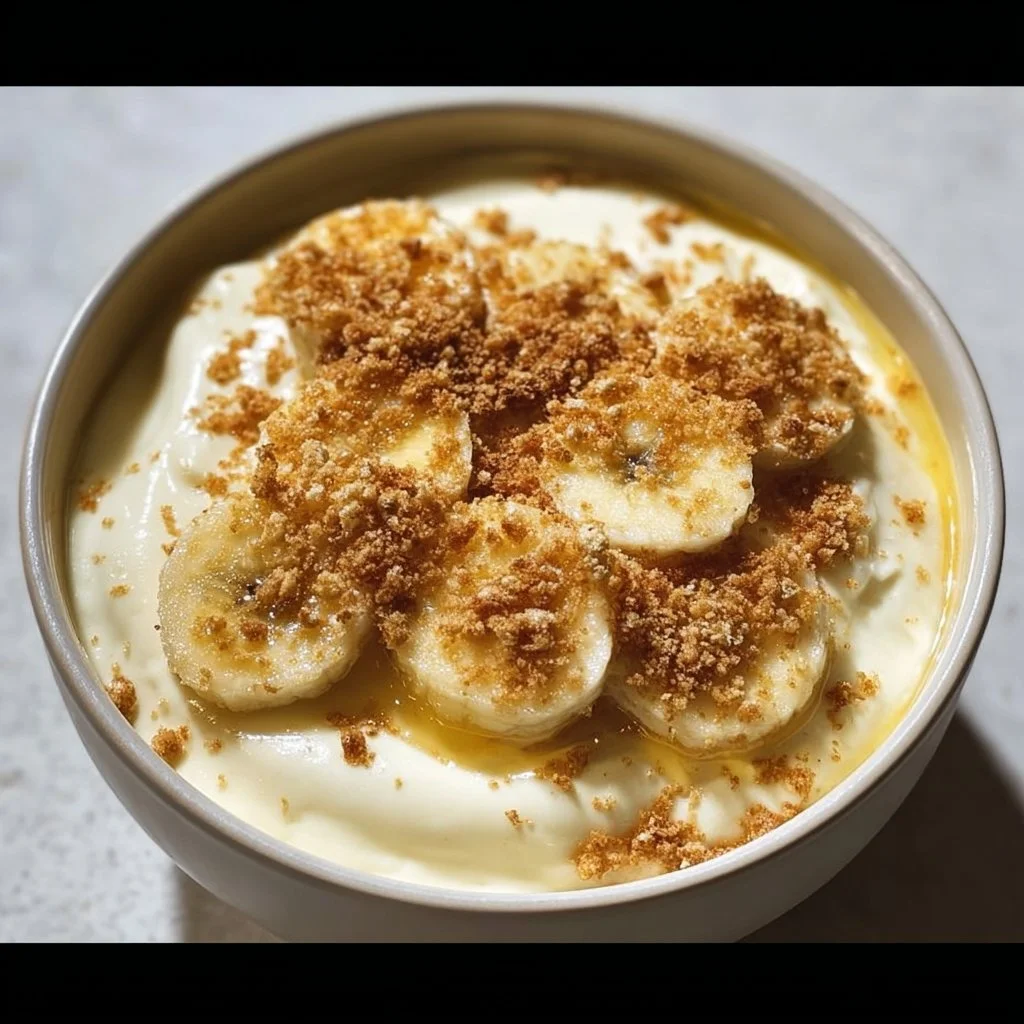 Delicious Cottage Cheese Banana Pudding served in a bowl with bananas on top
