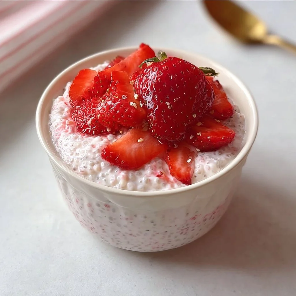 Cottage Cheese Strawberry Cheesecake Chia Seed Pudding served in a bowl