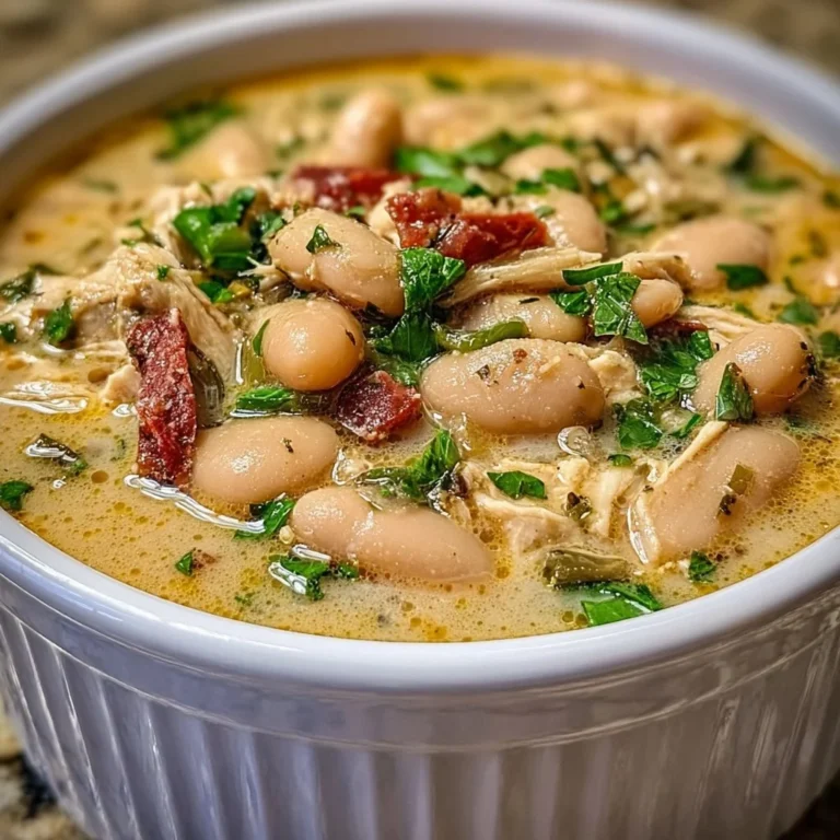 Bowl of cozy Cajun White Chicken Chili topped with fresh herbs and spices.