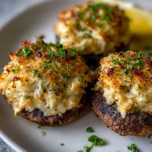Delicious crab stuffed mushrooms with creamy garlic filling for appetizers