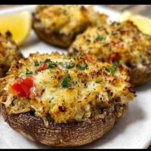 Delicious crab stuffed portobello mushrooms served as elegant appetizers