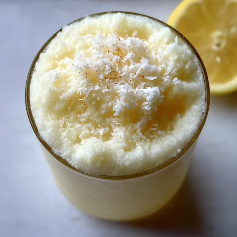 Delicious creamy frozen coconut lemonade served in a glass with a tropical garnish