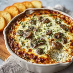 Creamy stuffed mushroom dip served in a bowl, perfect for appetizers.