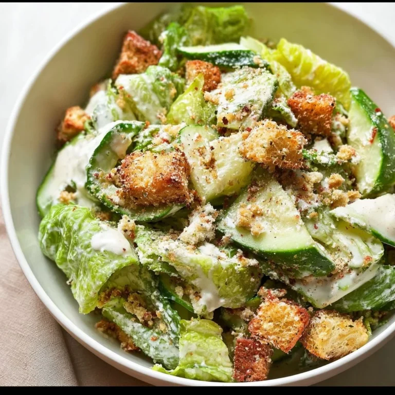 Cucumber Caesar Salad with fresh cucumbers, romaine, croutons, and dressing