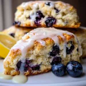 Delicious lemon blueberry scones with a zesty glaze on a plate