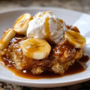 Delicious Easy Bananas Foster Cobbler dessert with warm caramel topping
