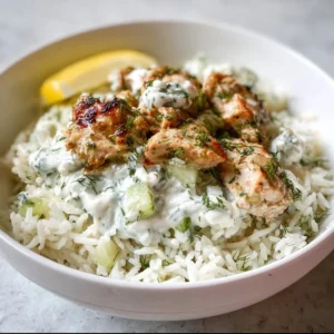 Easy one pan chicken tzatziki with rice dish ready to serve