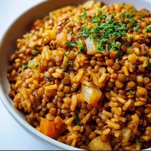 One pan garlicky lentil rice dish served in a bowl garnished with herbs