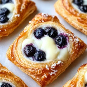 Flaky cream cheese blueberry danishes topped with fresh blueberries.