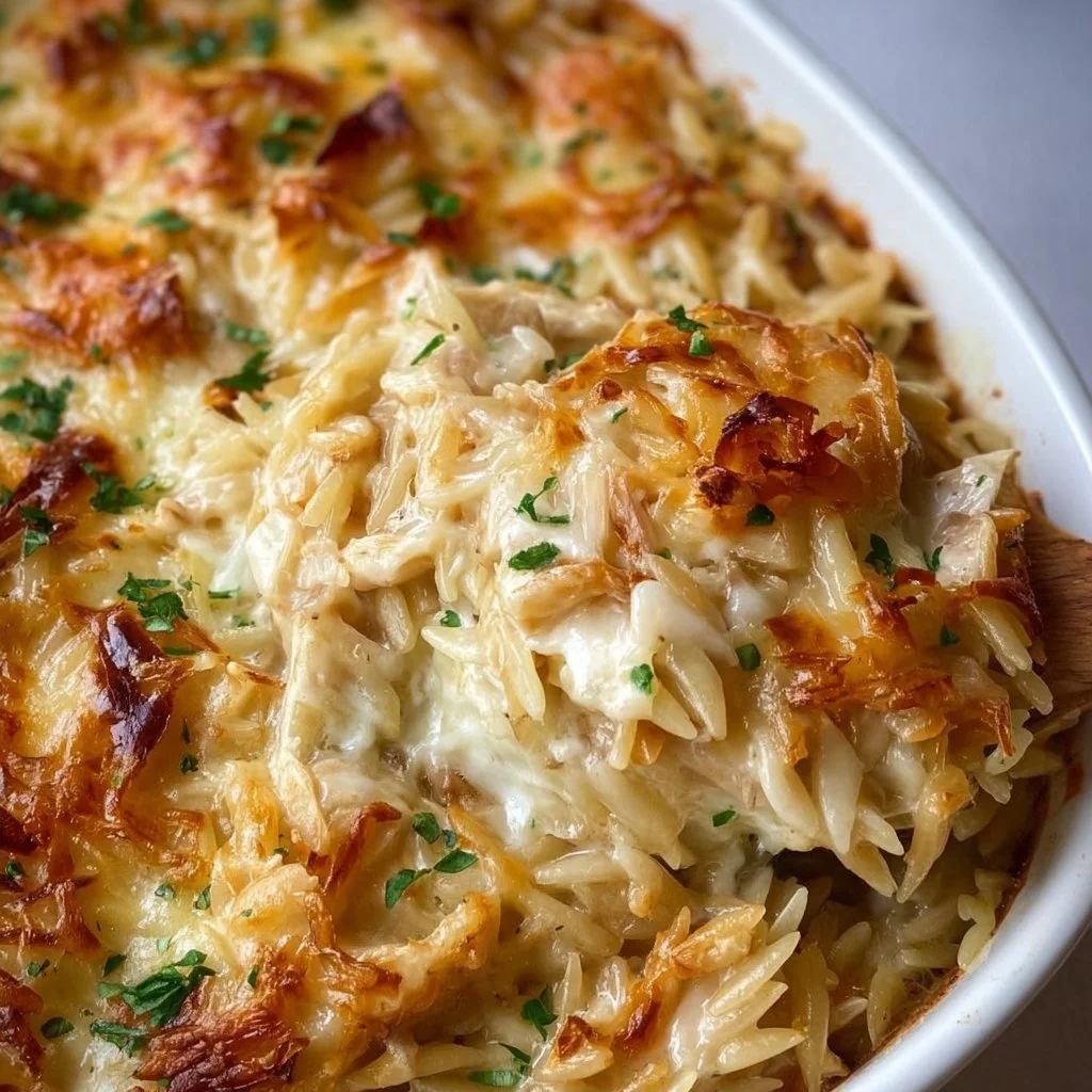 Delicious French onion chicken orzo casserole topped with melted cheese