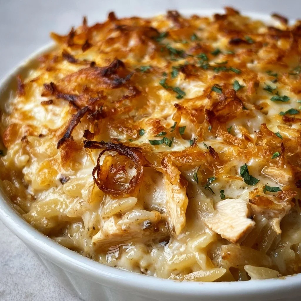 French Onion Chicken Orzo Casserole