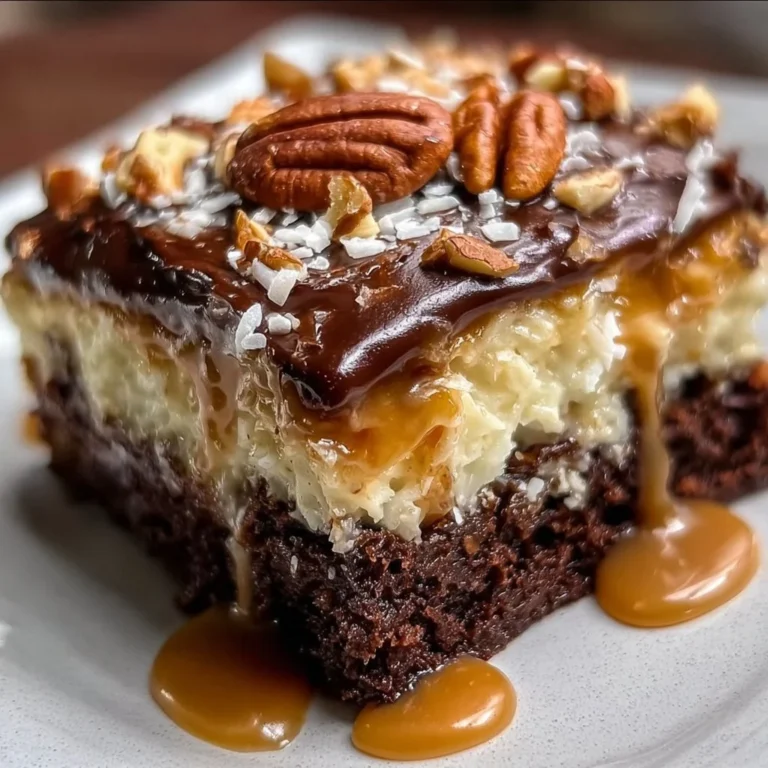 Delicious German Chocolate Poke Cake topped with coconut and pecan frosting