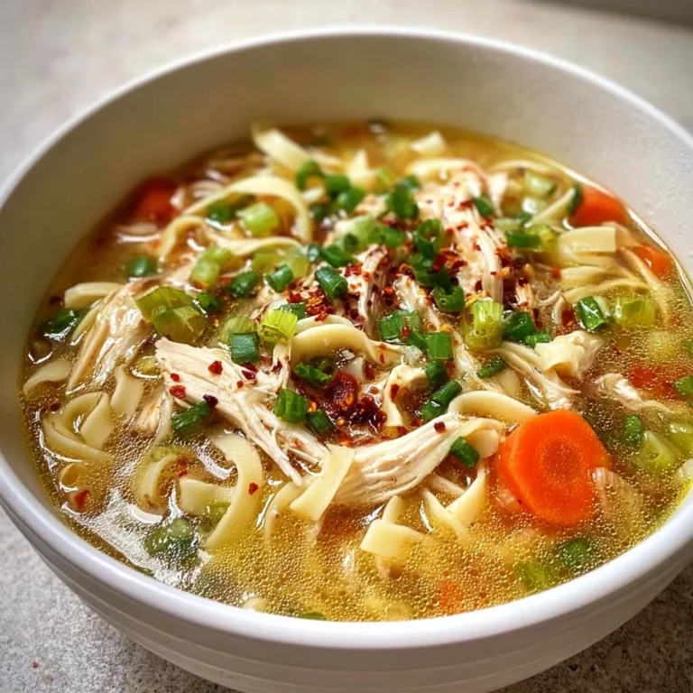 Ginger Garlic Chicken Noodle Soup served in a bowl with herbs and noodles.