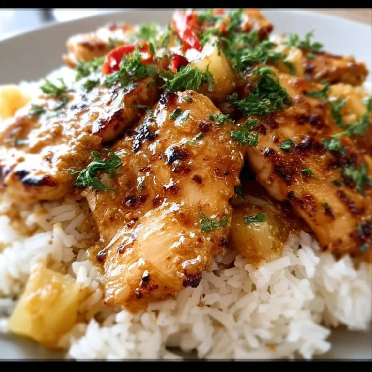 Delicious Hawaiian chicken served with coconut rice for a tropical dinner recipe.