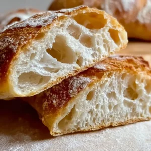Loaf of homemade ciabatta bread with a crunchy crust and soft interior