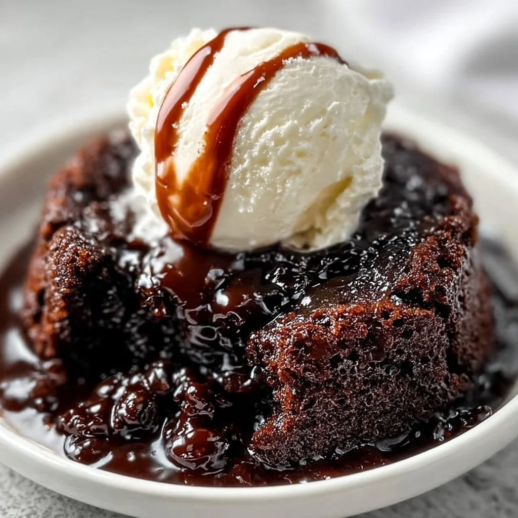 Delicious hot fudge cake topped with creamy chocolate fudge and ice cream