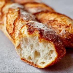 Homemade crispy classic French baguette on a wooden cutting board