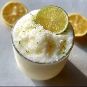 Refreshing frozen coconut lemonade served in a chilled glass with tropical garnishes.
