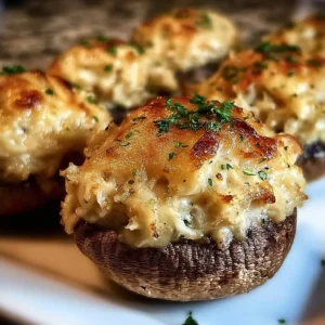 Delicious crab stuffed mushrooms with creamy garlic filling on a platter