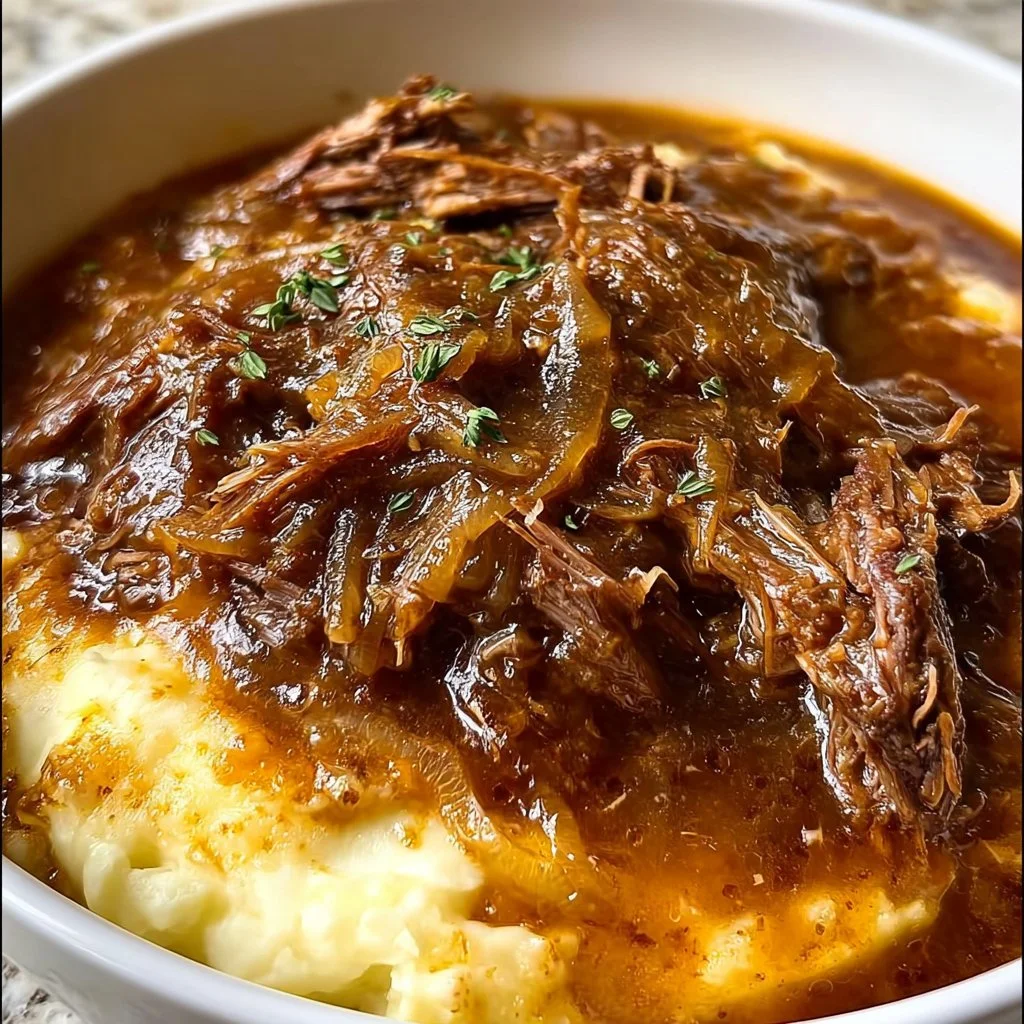 Delicious juicy French onion pot roast garnished with herbs