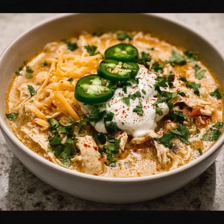 Bowl of creamy Keto Cream Cheese Chicken Chili topped with herbs