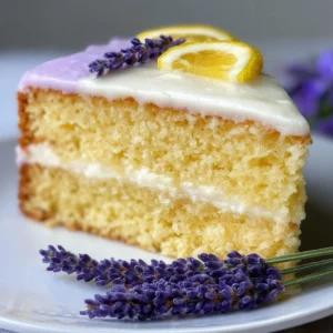 Slice of lemon lavender cake topped with fresh lavender flowers and lemon zest