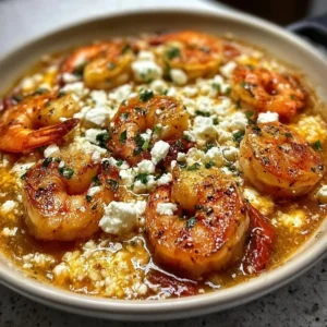 Mediterranean Shrimp dish garnished with feta cheese and herbs