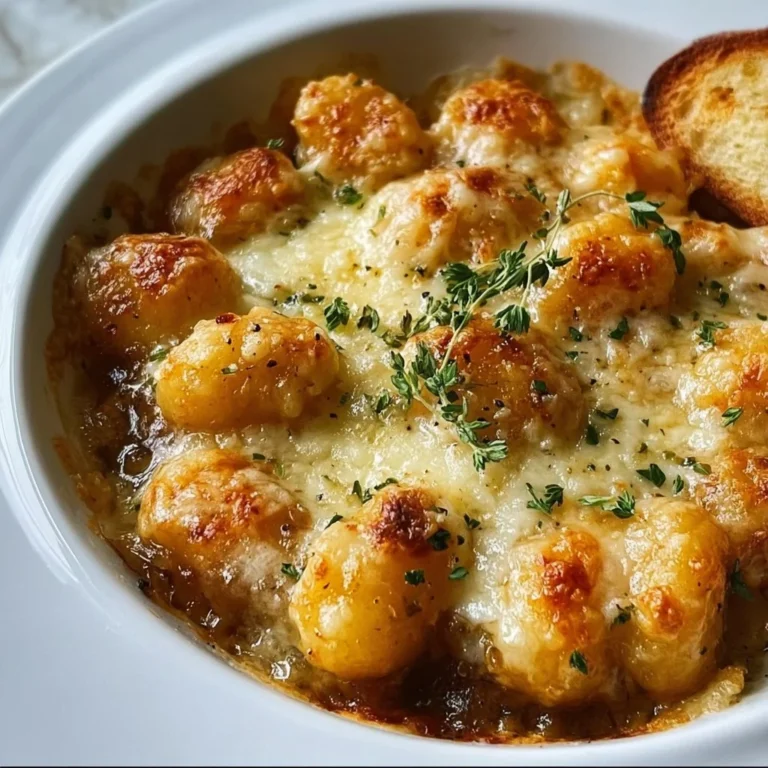 Delicious baked gnocchi topped with French onion flavors