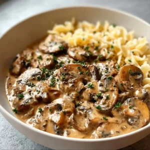 Delicious Mushroom Stroganoff served in a bowl with fresh herbs