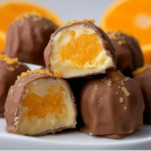 No-bake orange creamsicle truffles on a white plate with orange zest