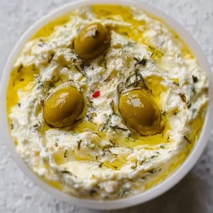 A creamy and zesty olive dip served in a bowl, garnished with herbs.