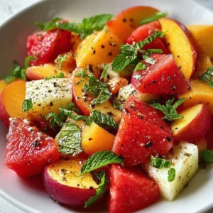 Peach and Watermelon Summer Salad with fresh ingredients on a plate