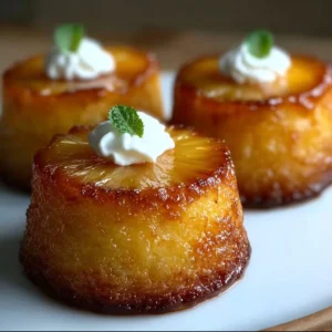 Pineapple Mascarpone Upside-Down Mini Cakes on a decorative serving plate