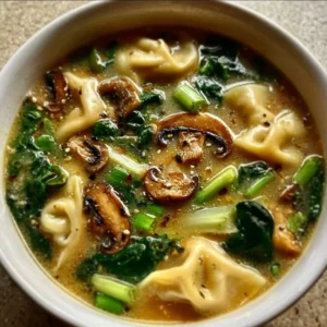 Bowl of Potsticker Soup with mushrooms and bok choy ingredients