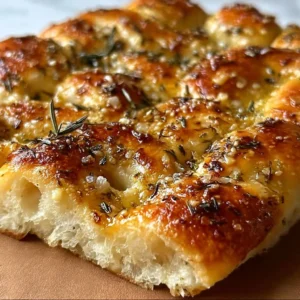 Homemade Garlic Parmesan Focaccia bread with herbs, perfect for dinner.