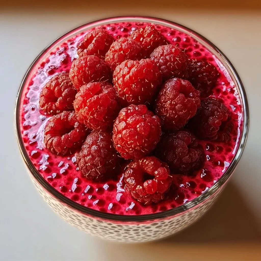 Delicious bowl of Raspberry Chia Pudding topped with fresh raspberries and mint.