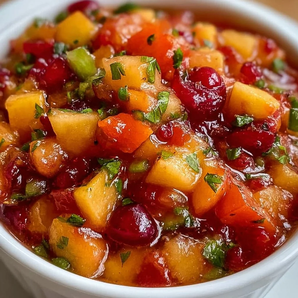 Bowl of refreshing Peach Cherry Salsa with colorful fruits and herbs