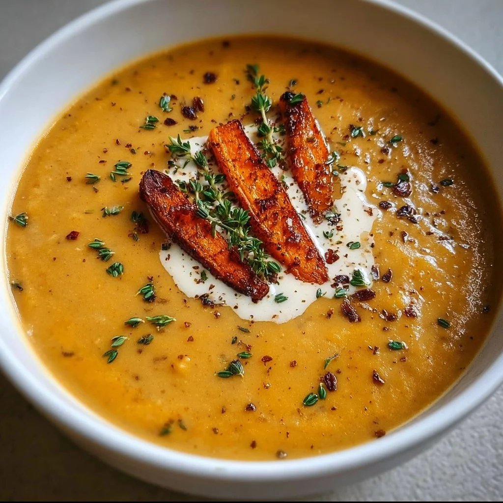 Bowl of savory Italian Sweet Potato Soup garnished with herbs and spices