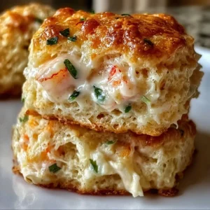Shrimp crab biscuit melts topped with cheese, served as an appetizer