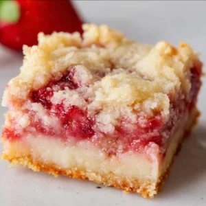 Strawberry pie bars topped with a cream cheese swirl, perfect dessert recipe.