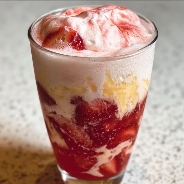 A refreshing glass of Strawberry Shortcake Dirty Soda with strawberries and whipped cream.