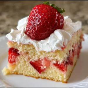 Delicious strawberry shortcake sheet cake served on a platter with fresh strawberries