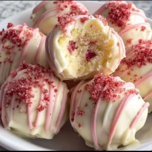 Decadent strawberry shortcake truffles displayed on a white plate