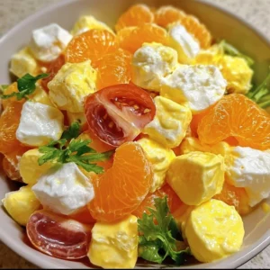 Colorful bowl of Sunshine Salad with fresh fruits and greens